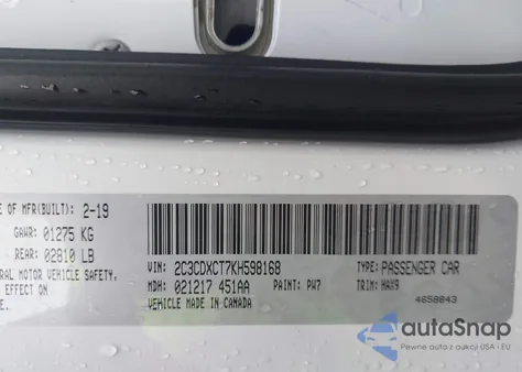 2019 Dodge Charger R/T Rwd from USA, damaged, VIN 2C3CDXCT7KH598168